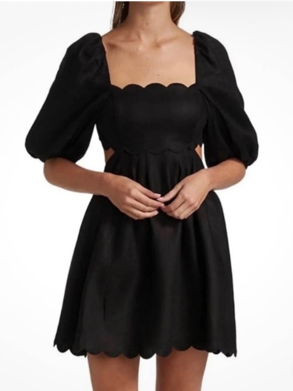 Zimmermann Mini Dress Black Linen Cutout Scalloped Puff-Sleeve Top Size 1 S US 6